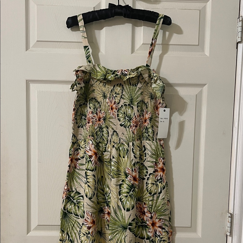Tropical Palm Print Dress with Pink Flowers